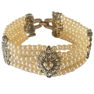 Vintage Faux Pearl & Silver Toned Rhinestone Bracelet